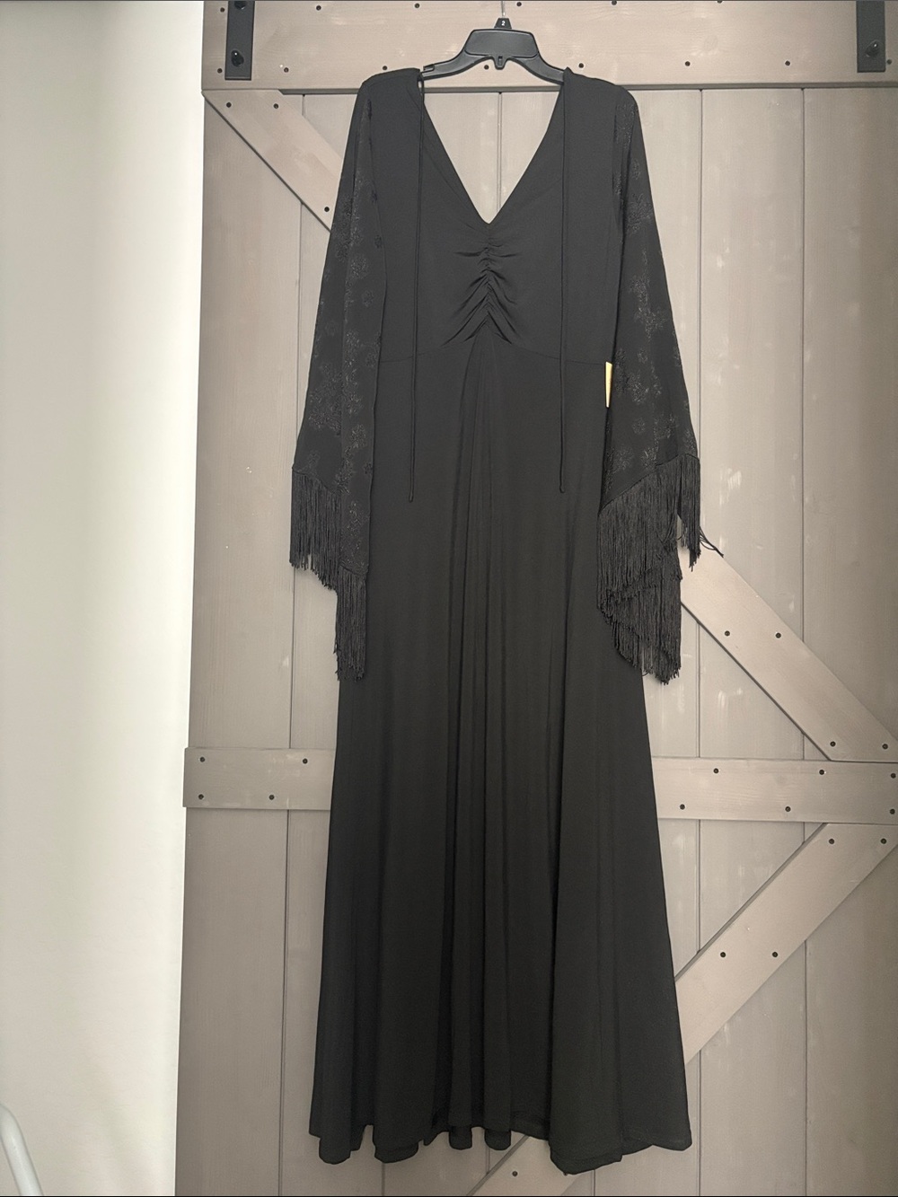 Black V-Neck Maxi Dress with Fringe Bell Sleeves